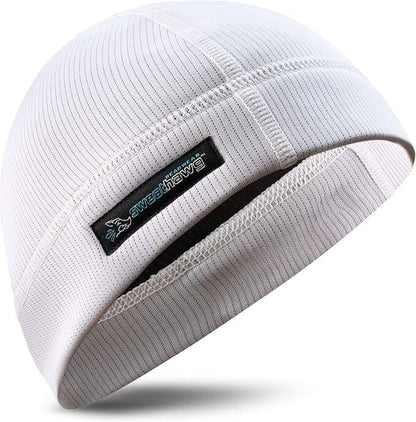 Ash white sweat stop skull cap with SweatHawg logo on a white background